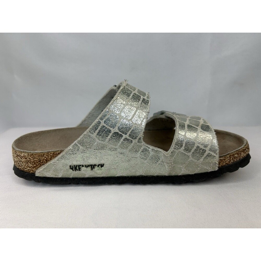 Birkenstock Arizona Silver Gator Gleam Silver 2 Strap Sandals Size 8 US  39 EU - Picture 8 of 9
